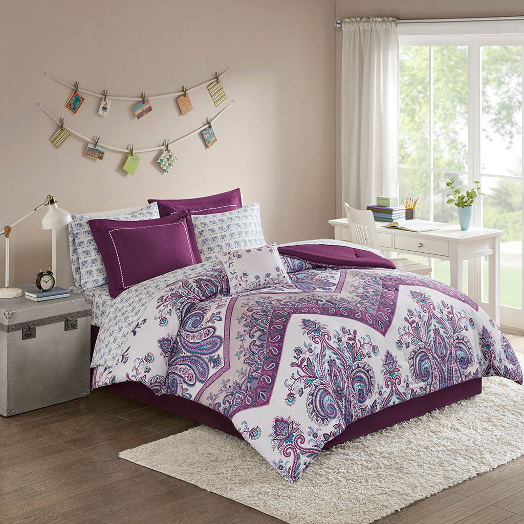 Boho Comforter Set With Bed Sheets Full Purple Polyester