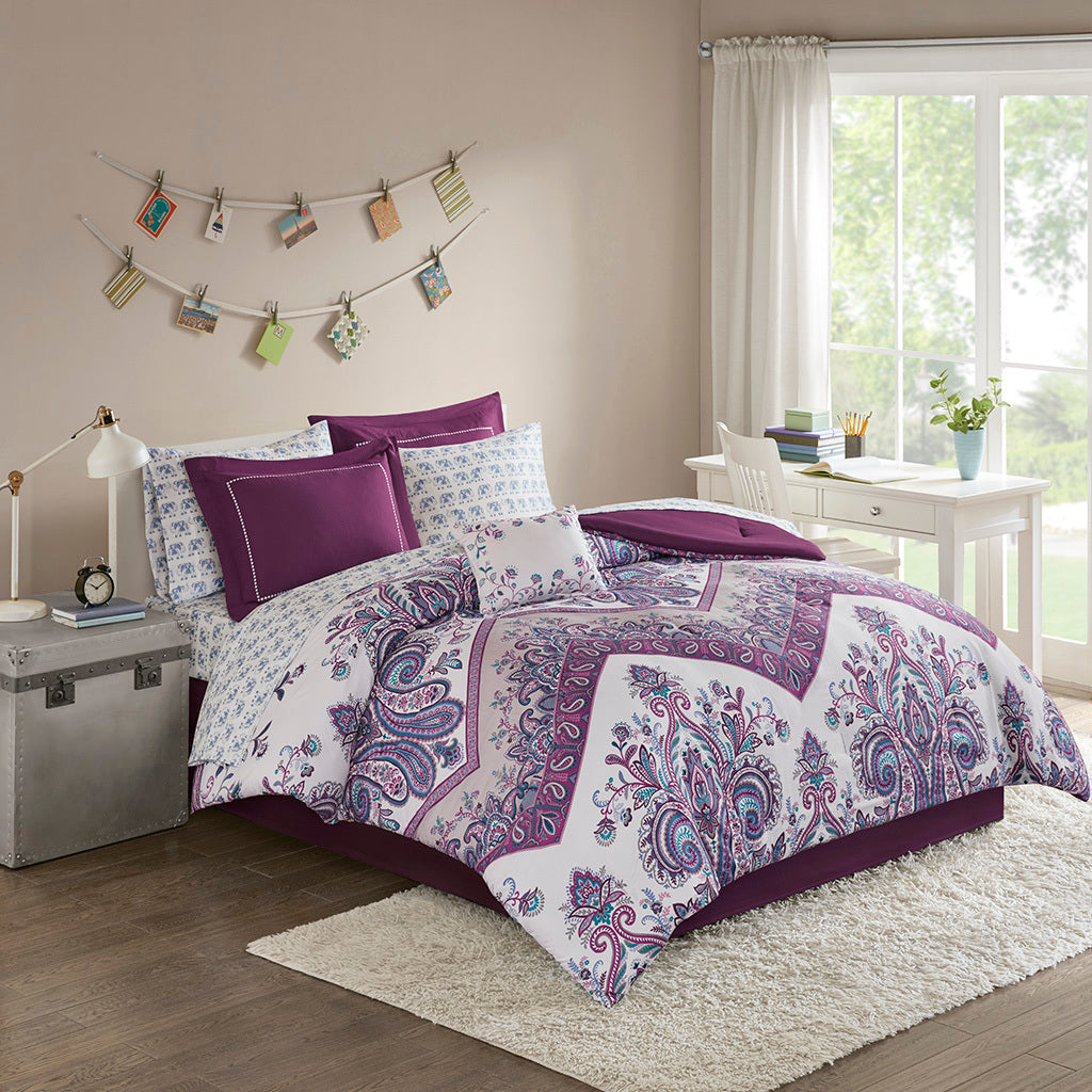 Boho Comforter Set with Bed Sheets purple-polyester