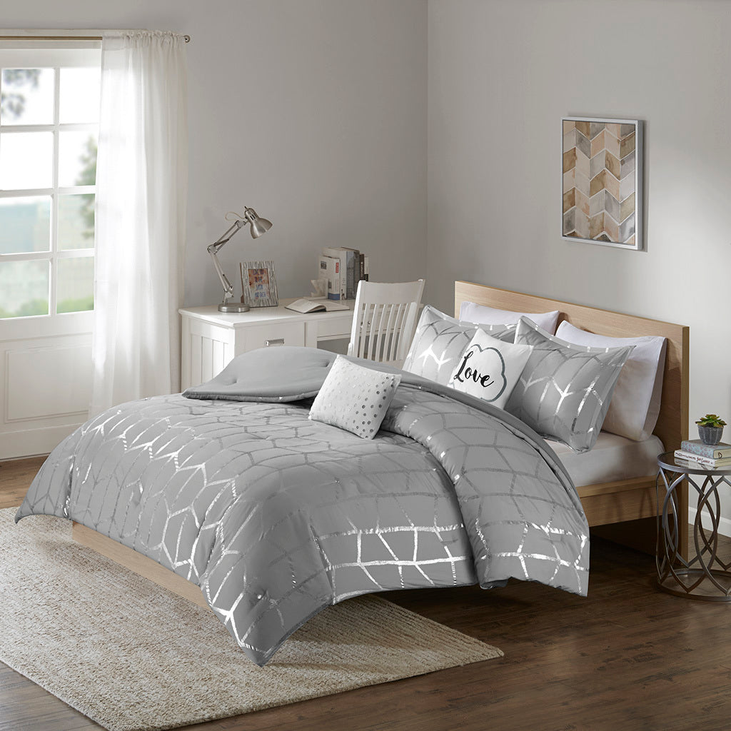 Metallic Printed Comforter Set Twin Grey Silver Polyester