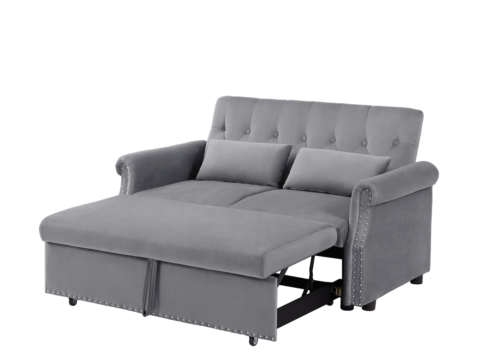 Artemax 55'' Modern Shiny Velvet Convertible Loveseat Sleeper Sofa Couch W 2 Lumbar Pillows, Adjustable Pull Out Bed And Removable Armrest For Nursery, Living Room, Apartment, Home Office Gray Foam Velvet