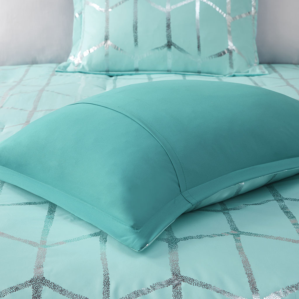 Metallic Printed Comforter Set Full Aqua Silver Polyester