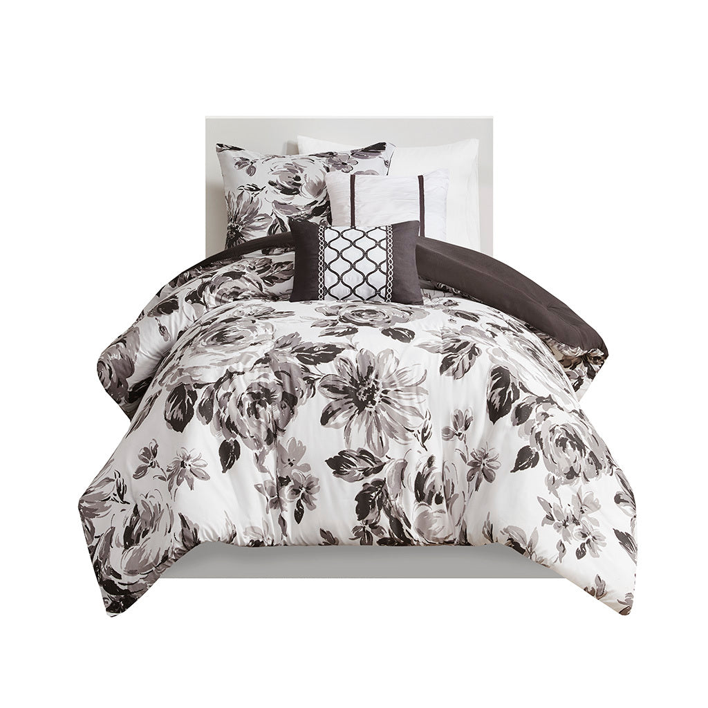 Floral Print Comforter Set Twin Xl White Black Polyester