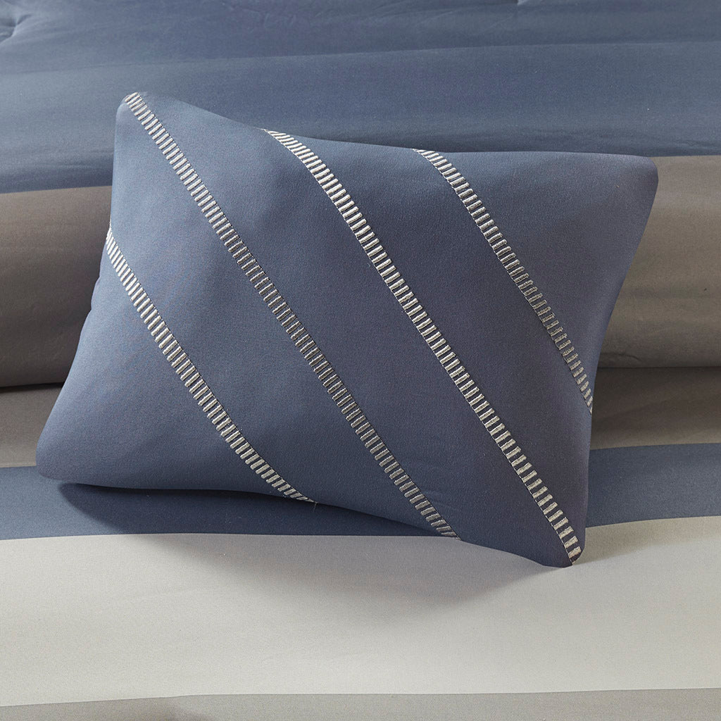 Striped Comforter Set With Bed Sheets Queen Blue Grey Polyester