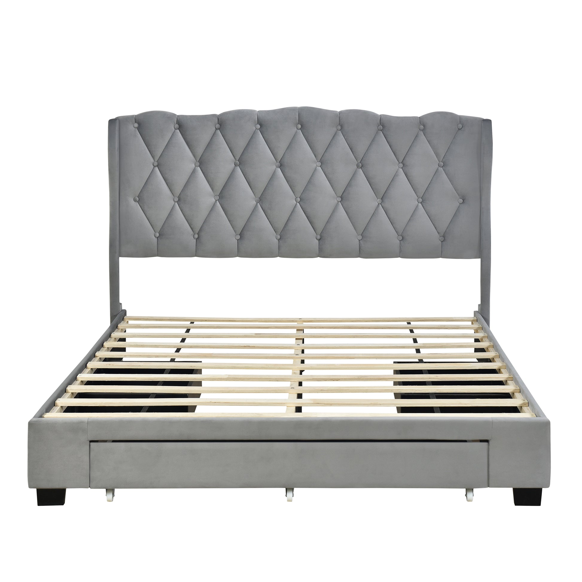 Upholstered Platform Bed With Tufted Headboard And 3 Drawers, No Box Spring Needed, Velvet Fabric, Queen Size Gray Gray Upholstered