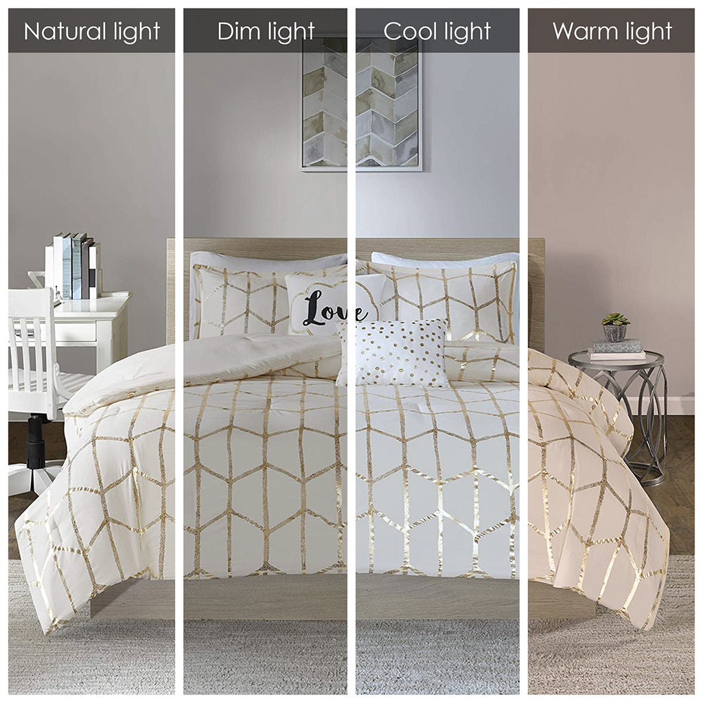 Metallic Printed Comforter Set Full Ivory Gold Polyester