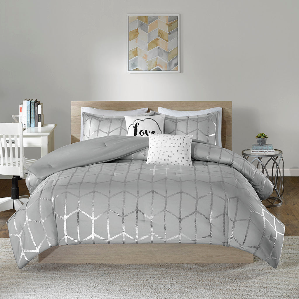 Metallic Printed Comforter Set Twin Grey Silver Polyester