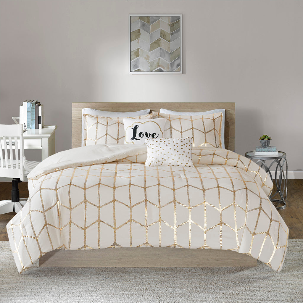 Metallic Printed Comforter Set King Ivory Gold Polyester