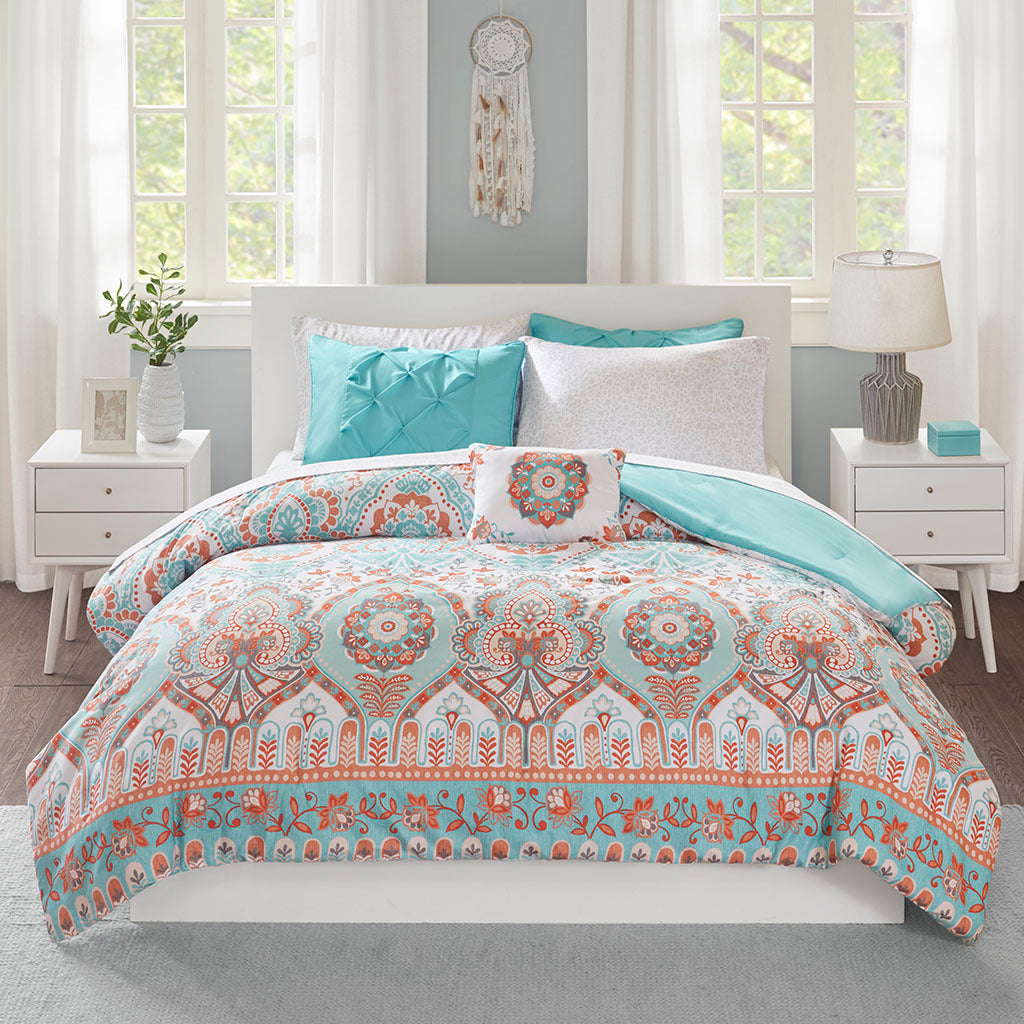 Boho Comforter Set With Bed Sheets Queen Aqua Polyester