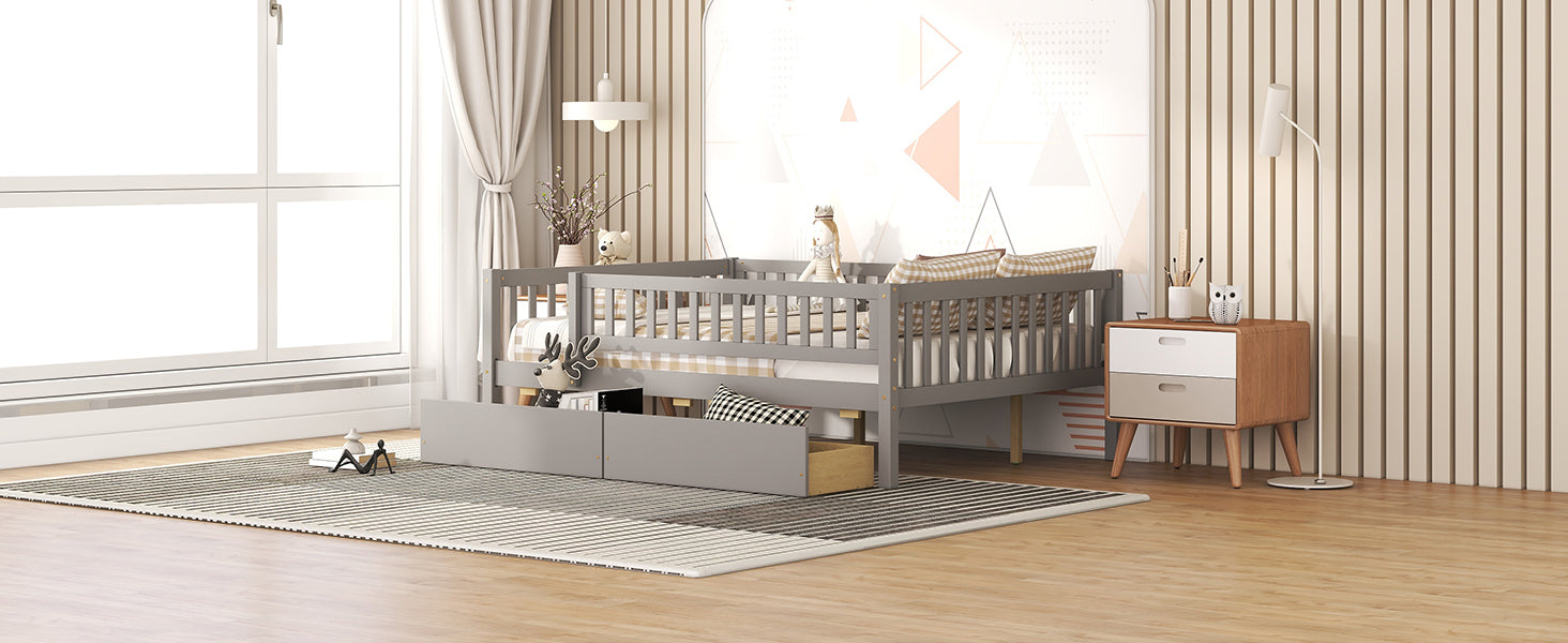 Full Size Daybed Wood Bed With Two Drawers, Gray Full Gray Solid Wood