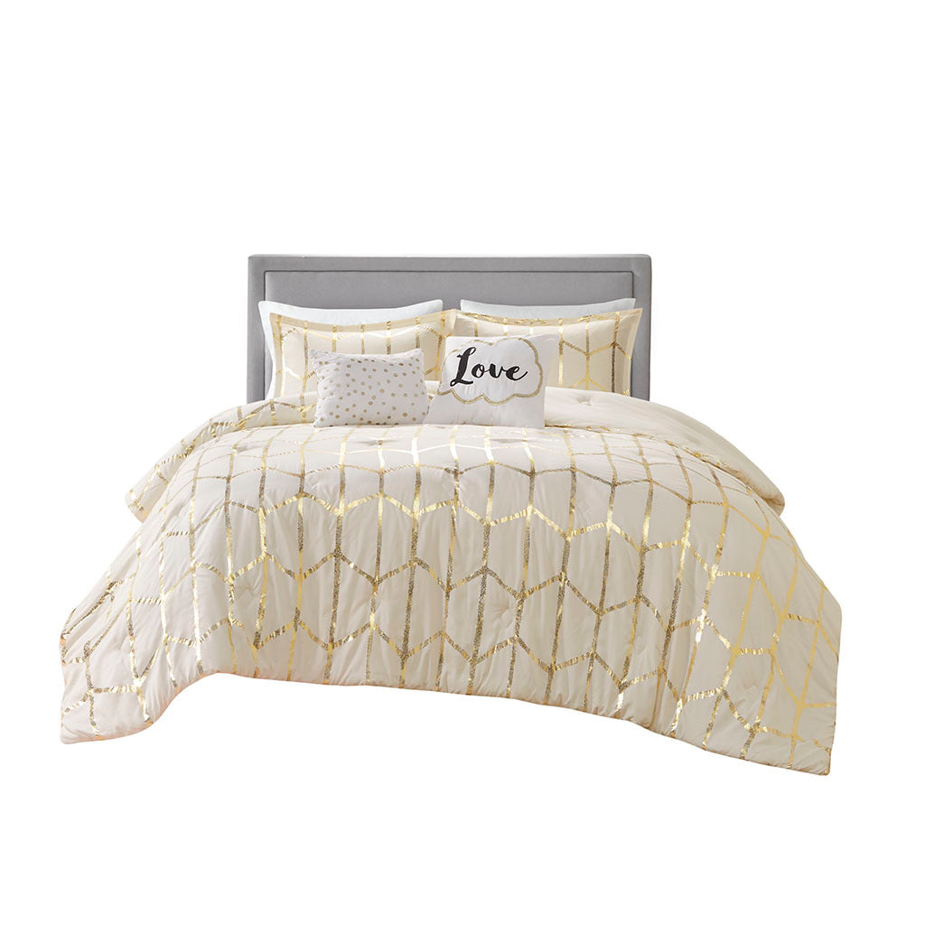 Metallic Printed Comforter Set Full Ivory Gold Polyester