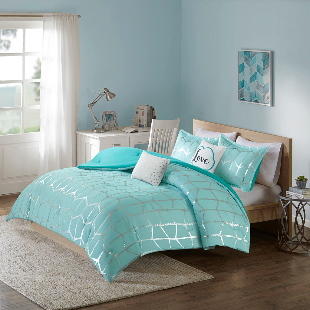 Metallic Printed Comforter Set Full Aqua Silver Polyester