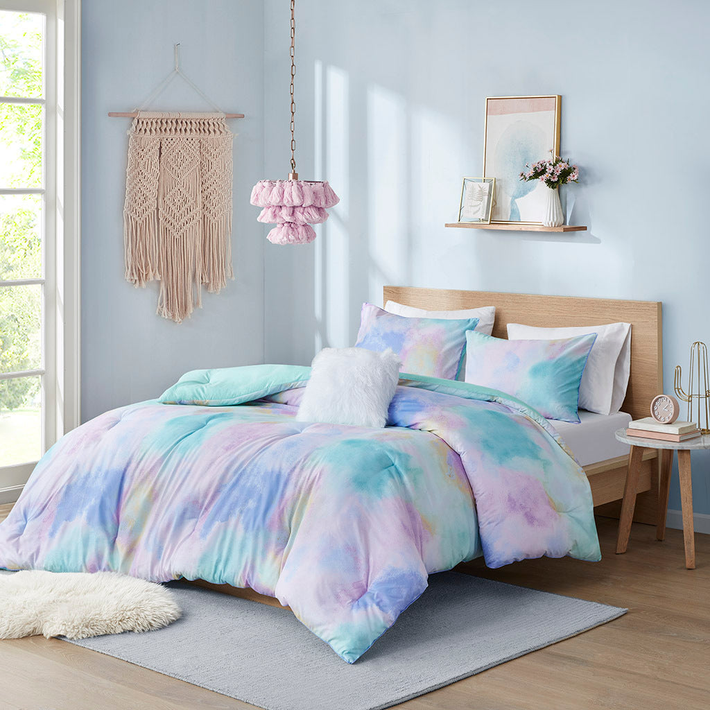 Watercolor Tie Dye Printed Comforter Set With Throw Pillow Twin Aqua Polyester