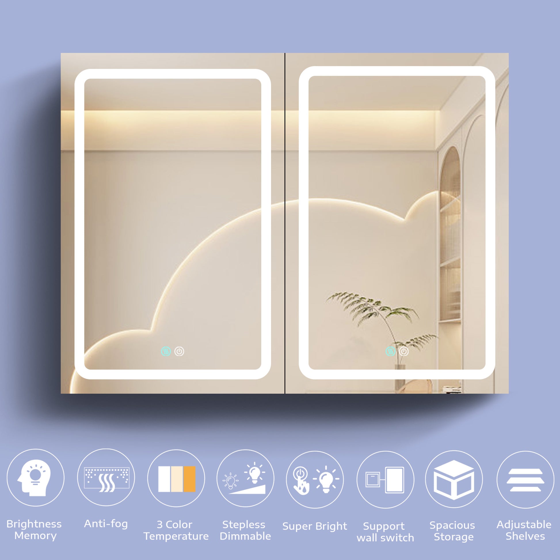 40X30 Inch Led Bathroom Medicine Cabinet Surface Mount Double Door Lighted Medicine Cabinet, Medicine Cabinets For Bathroom With Mirror Defogging, Dimmer White White Modern Aluminium