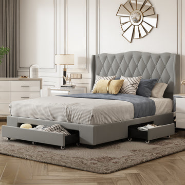 Upholstered Platform Bed With Tufted Headboard And 3 Drawers, No Box Spring Needed, Velvet Fabric, Queen Size Gray Gray Upholstered