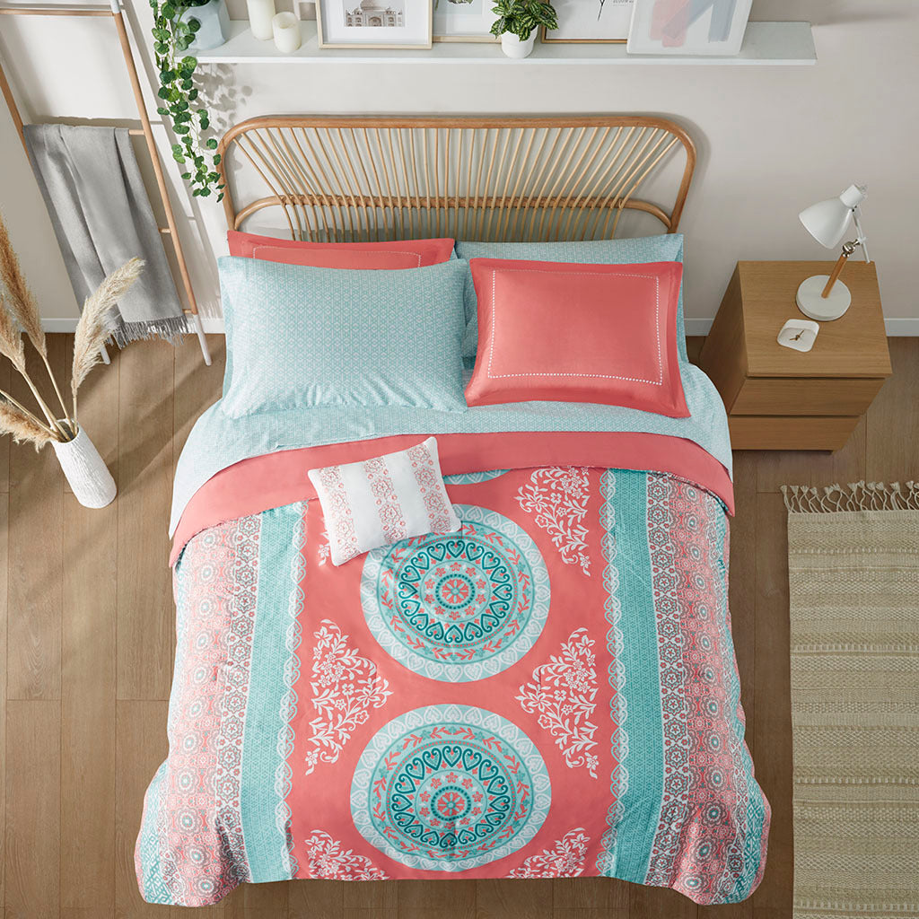 Boho Comforter Set With Bed Sheets Queen Coral Polyester