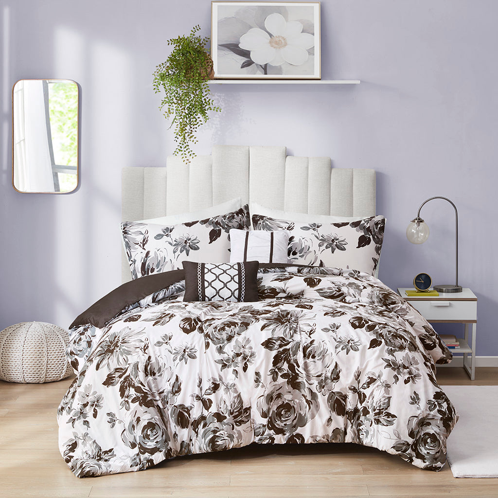 Floral Print Comforter Set Full White Black Polyester