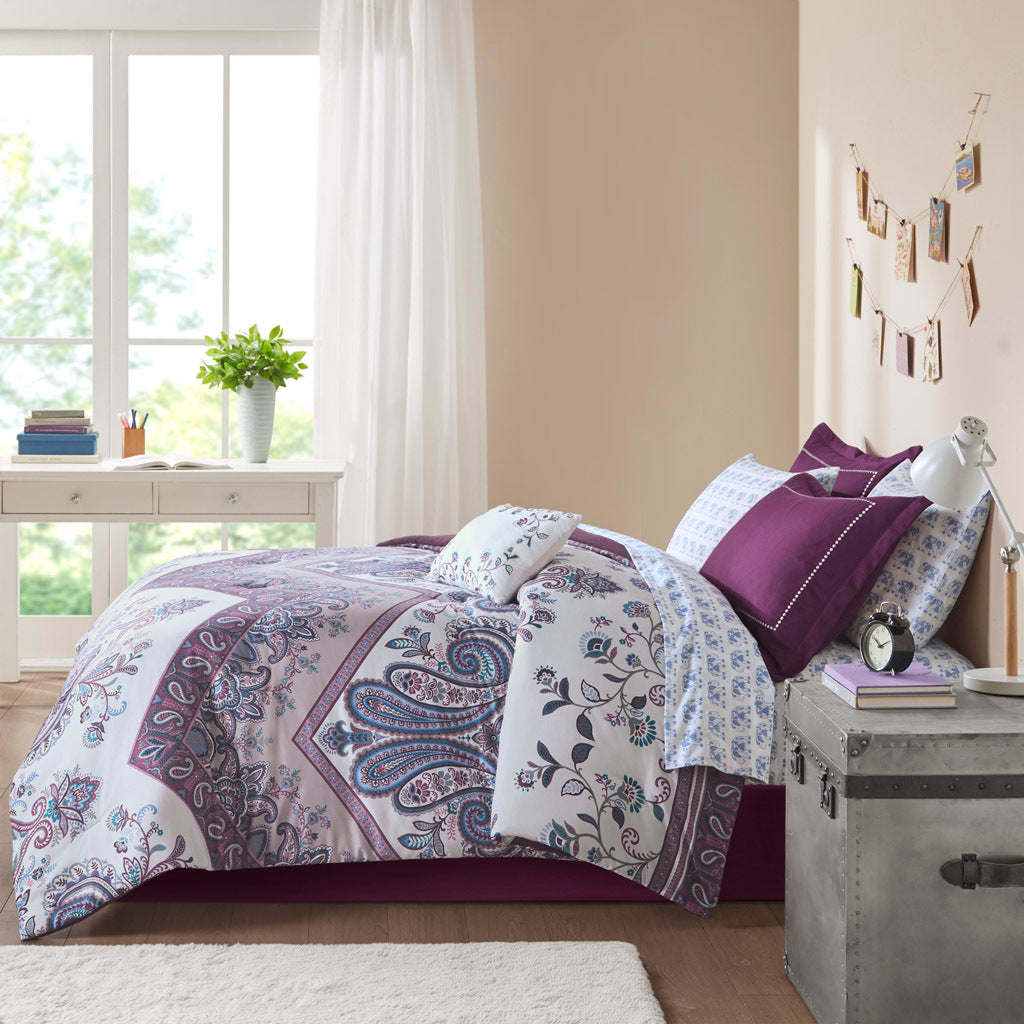 Boho Comforter Set With Bed Sheets Full Purple Polyester