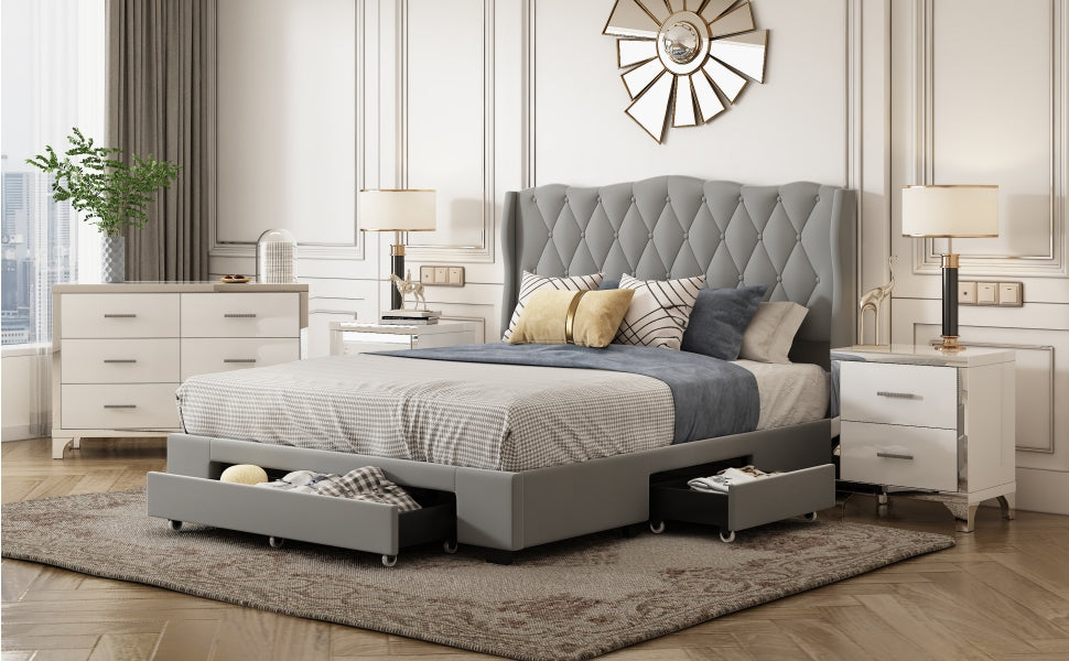 Upholstered Platform Bed With Tufted Headboard And 3 Drawers, No Box Spring Needed, Velvet Fabric, Queen Size Gray Gray Upholstered