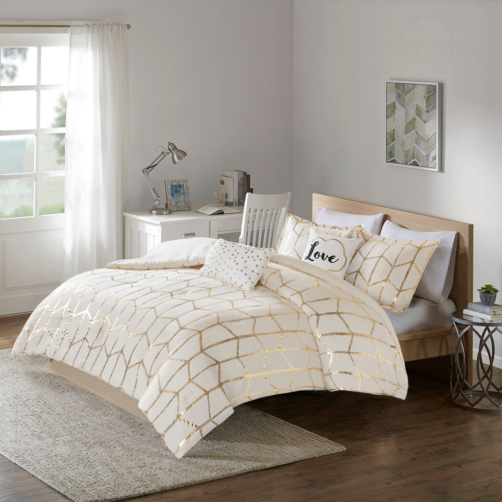 Metallic Printed Comforter Set King Ivory Gold Polyester