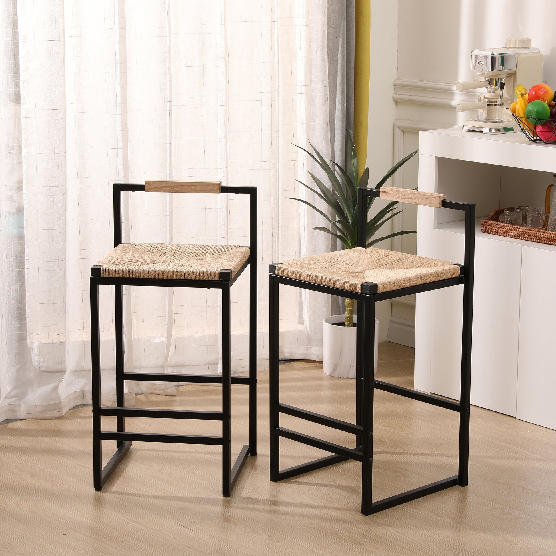 Set Of 2 Bar Stools With Back Paper Rope Woven Counter Height Dining Chairs For Kitchen, Home Paper Rope With Back Natural Metal