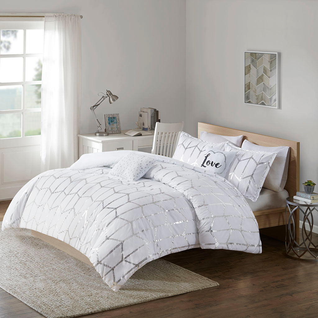 Metallic Printed Comforter Set King White Silver Polyester