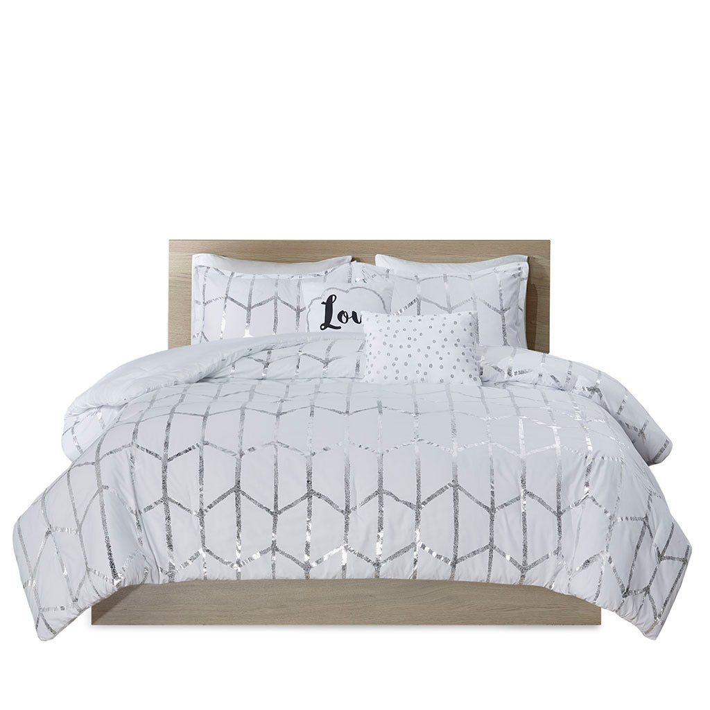 Metallic Printed Comforter Set Queen White Silver Polyester