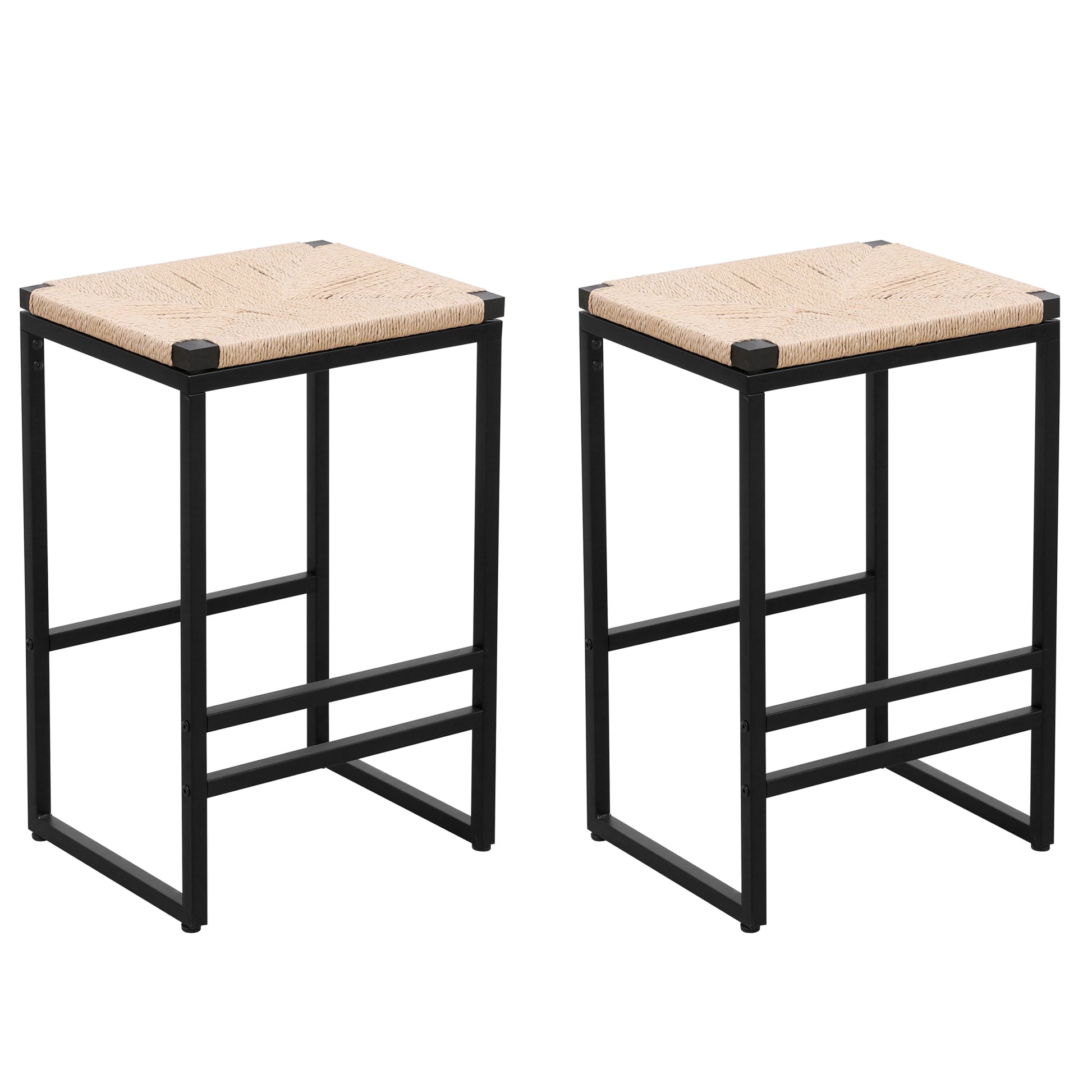 Set Of 2 Backless Bar Stools For Kitchen Counter Paper Rope Woven Dining Chairs For Home & Kitchen Paper Rope Backless Natural Metal