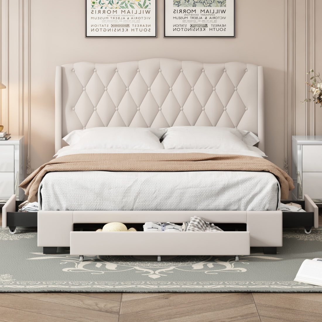 Upholstered Platform Bed With Tufted Headboard And 3 Drawers, No Box Spring Needed, Velvet Fabric, Queen Size Beige Beige Velvet