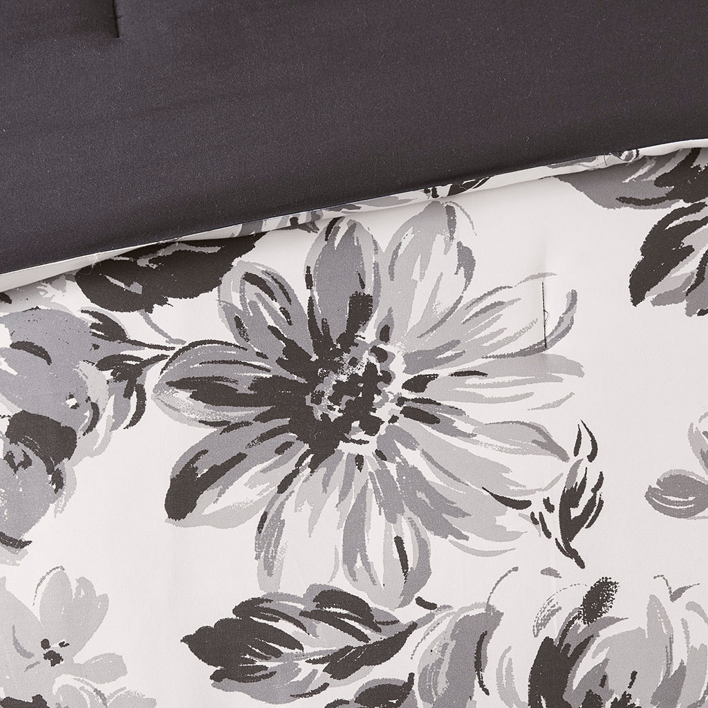 Floral Print Comforter Set Full White Black Polyester