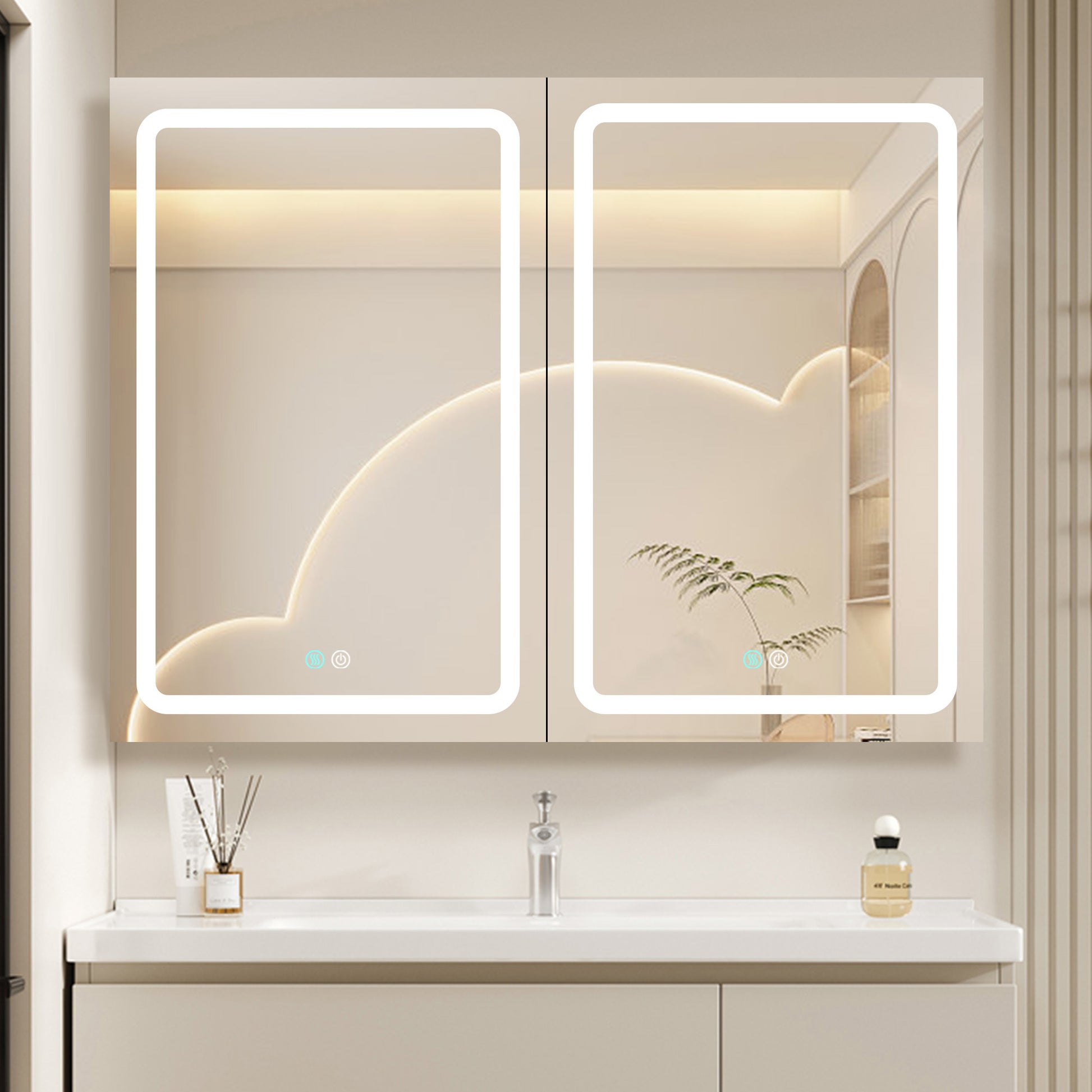 40X30 Inch Led Bathroom Medicine Cabinet Surface Mount Double Door Lighted Medicine Cabinet, Medicine Cabinets For Bathroom With Mirror Defogging, Dimmer White White Modern Aluminium