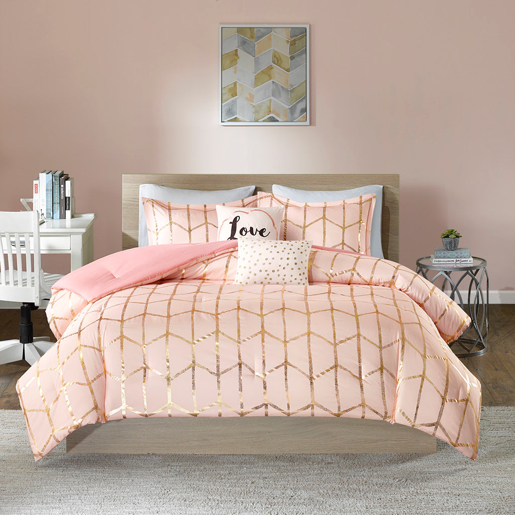 Metallic Printed Comforter Set King Blush Gold Polyester