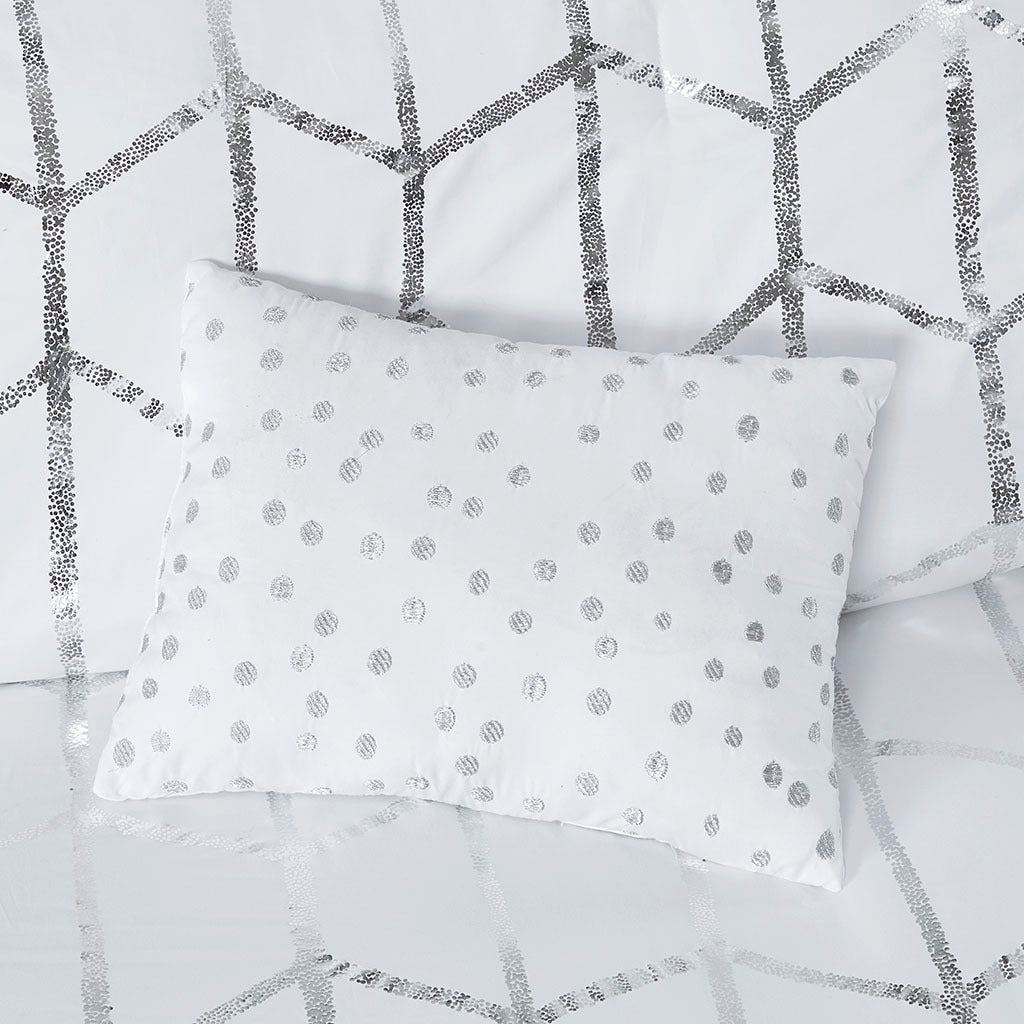 Metallic Printed Comforter Set Queen White Silver Polyester