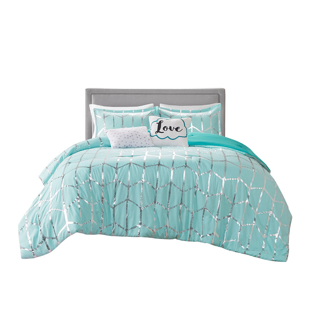 Metallic Printed Comforter Set Full Aqua Silver Polyester