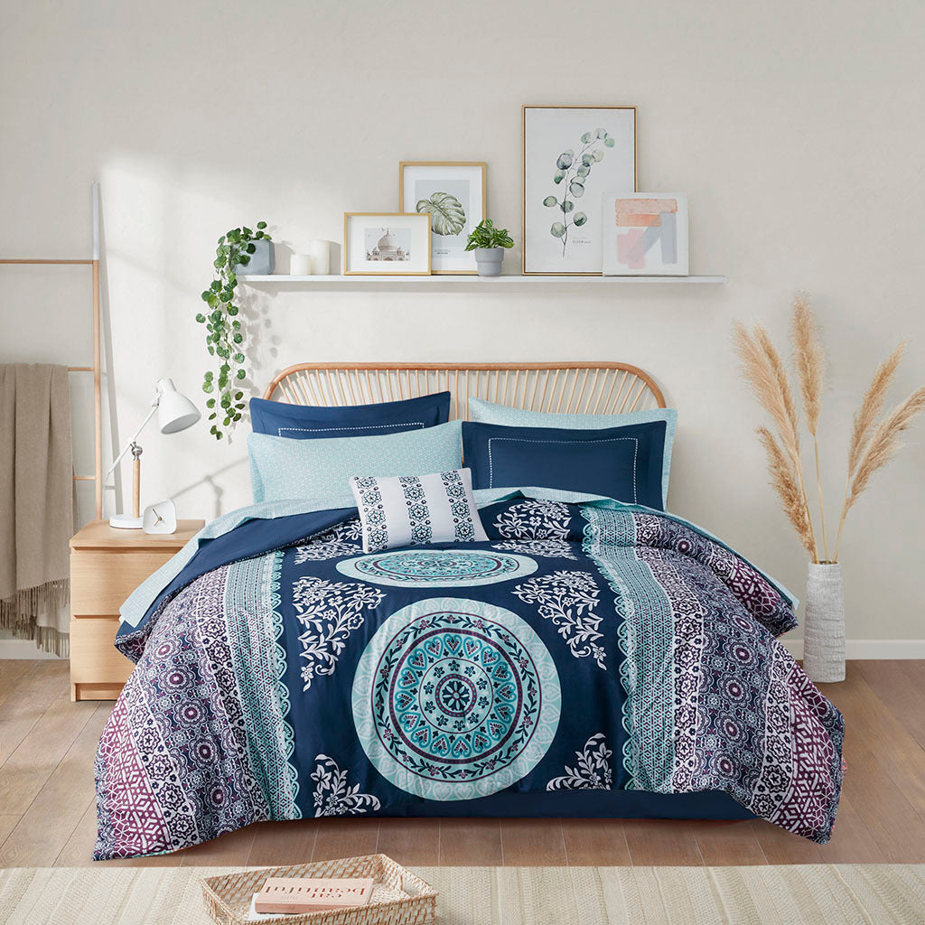 Boho Comforter Set With Bed Sheets Twin Xl Navy Polyester