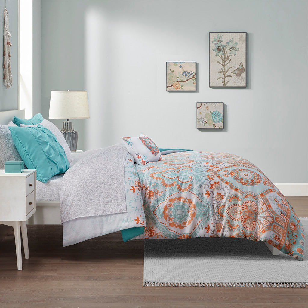 Boho Comforter Set With Bed Sheets Queen Aqua Polyester