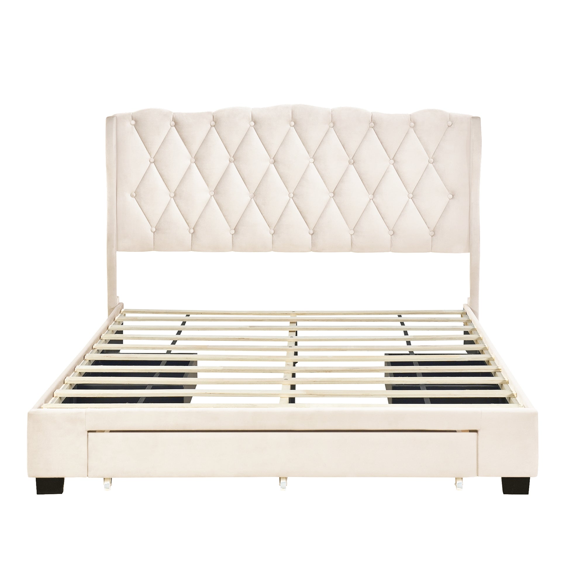 Upholstered Platform Bed With Tufted Headboard And 3 Drawers, No Box Spring Needed, Velvet Fabric, Queen Size Beige Beige Velvet