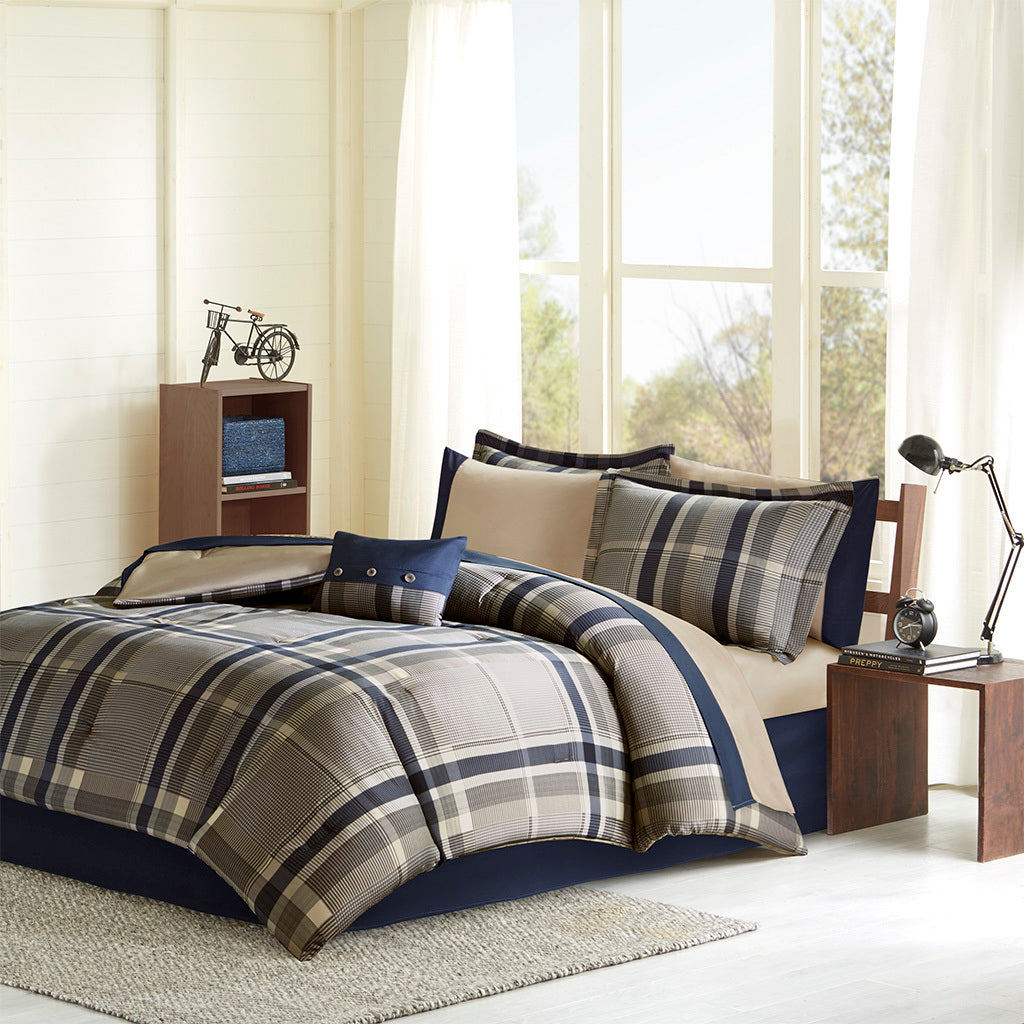 Plaid Comforter Set with Bed Sheets navy multi-polyester