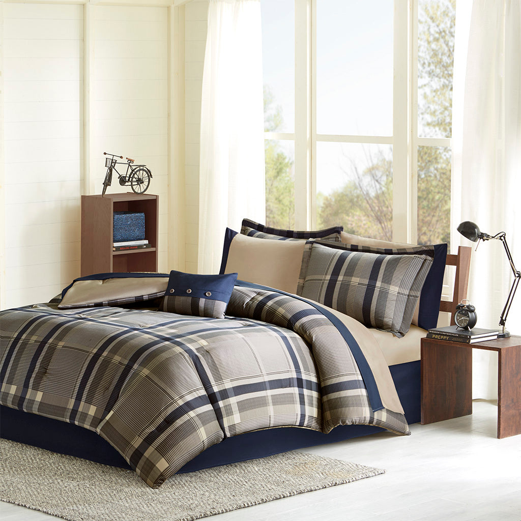 Plaid Comforter Set With Bed Sheets Full Navy Multi Polyester