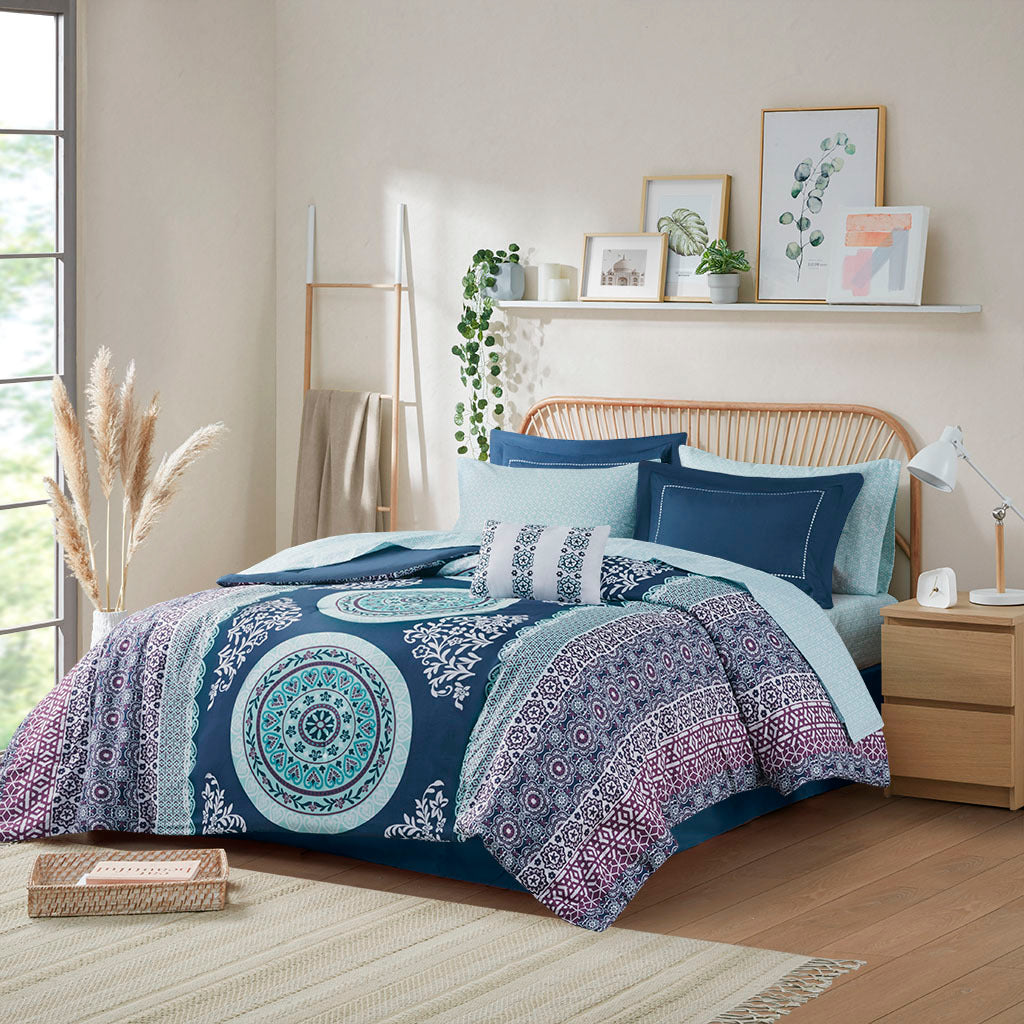 Boho Comforter Set With Bed Sheets Twin Xl Navy Polyester