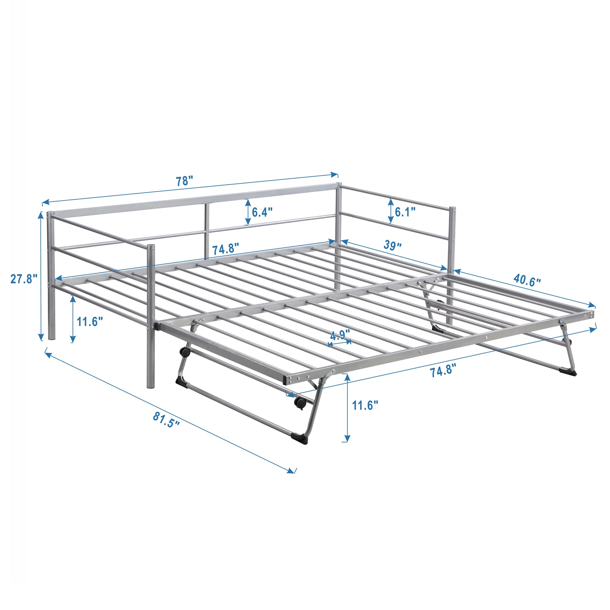 Twin Size Metal Daybed With Adjustable Trundle, Pop Up Trundle, Silver Silver Metal