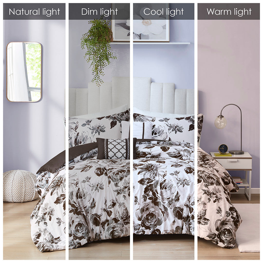 Floral Print Comforter Set Full White Black Polyester