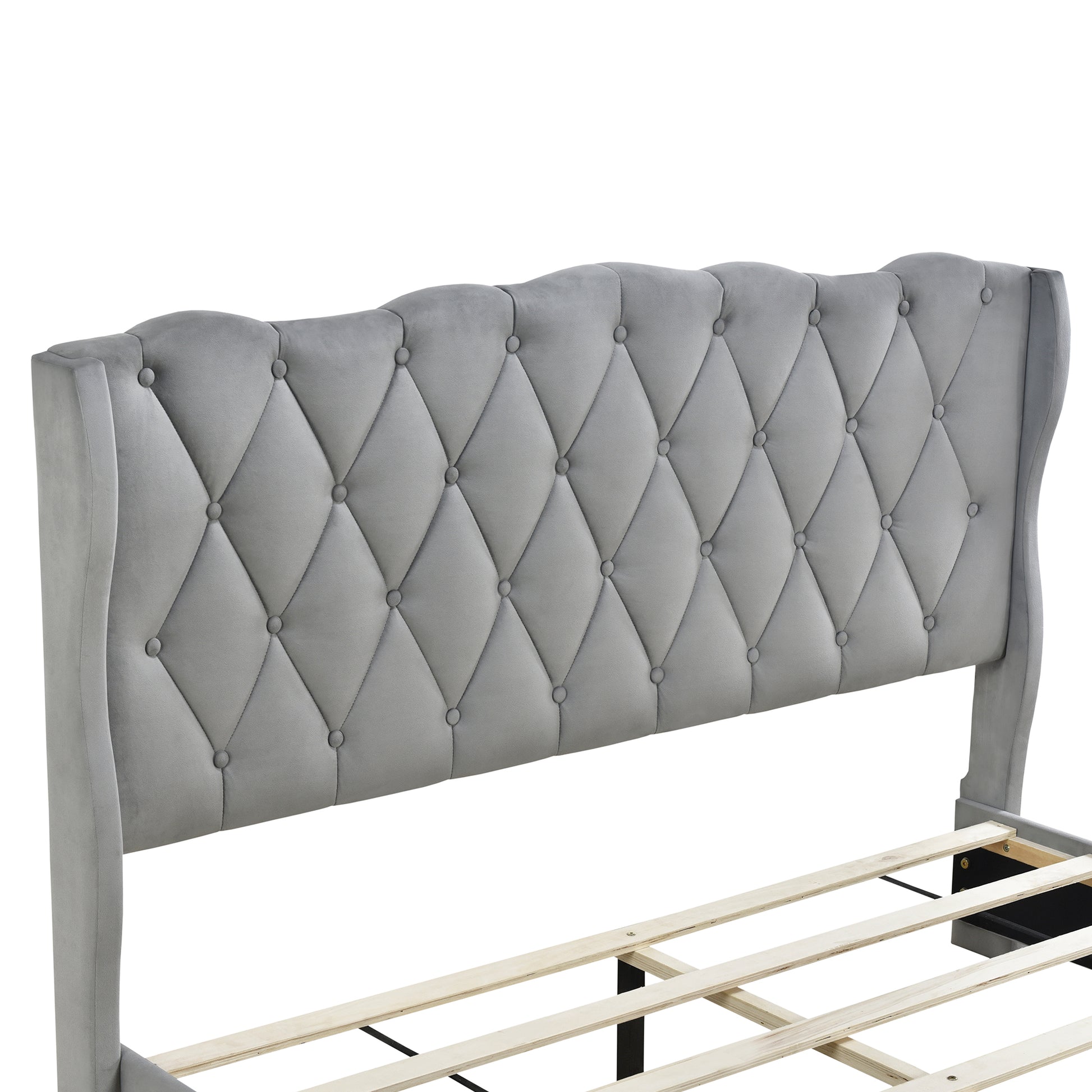 Upholstered Platform Bed With Tufted Headboard And 3 Drawers, No Box Spring Needed, Velvet Fabric, Queen Size Gray Gray Upholstered