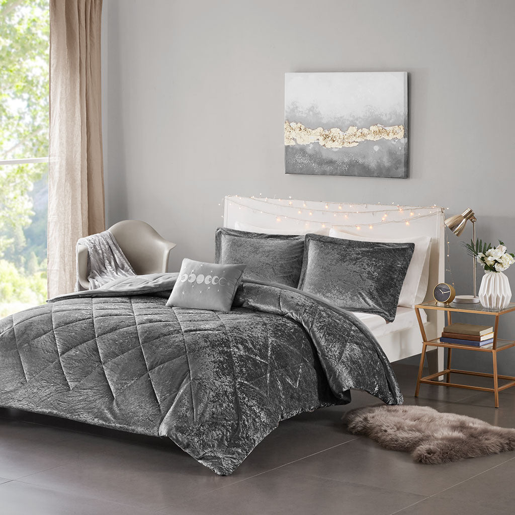 Velvet Comforter Set King Grey Polyester