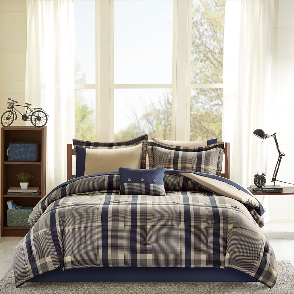 Plaid Comforter Set With Bed Sheets Queen Navy Multi Polyester