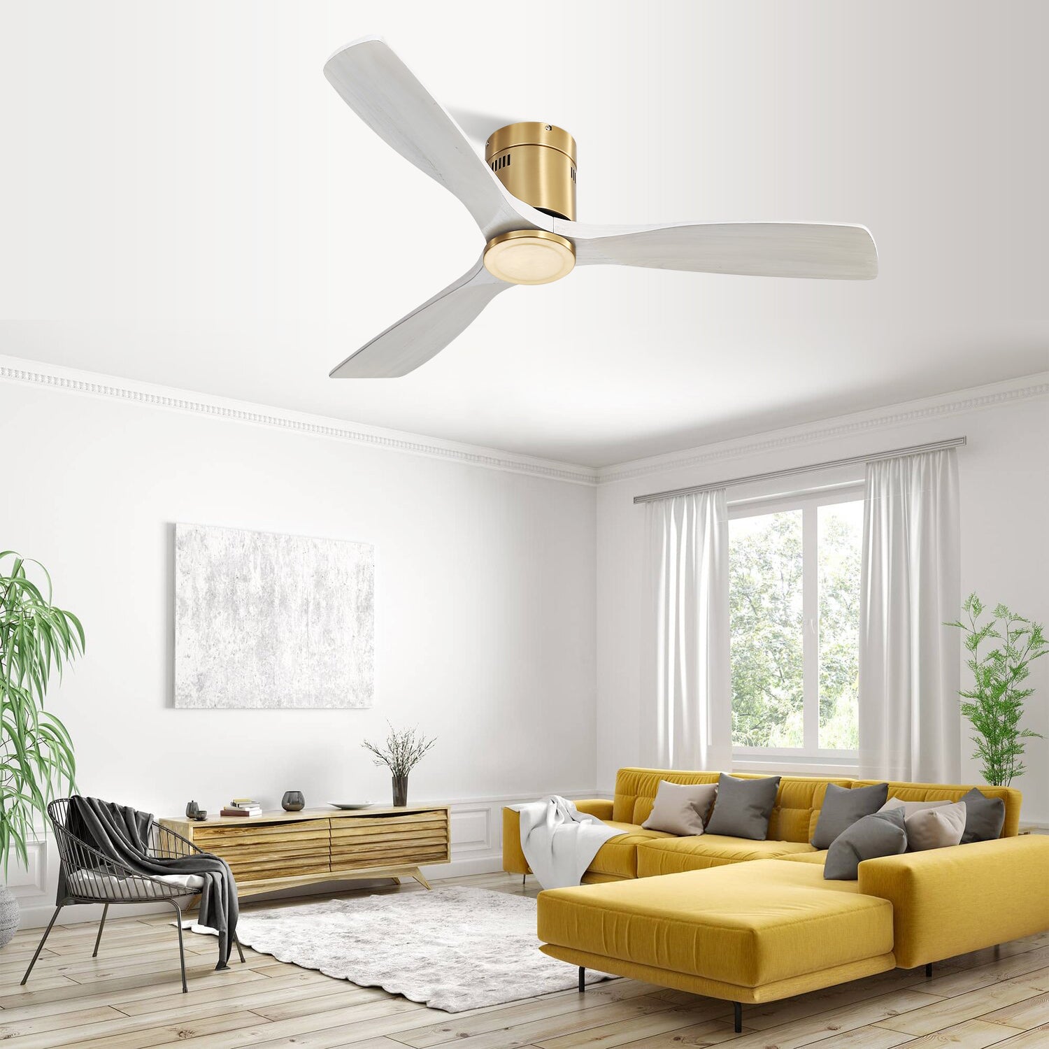 52 Inch Low Profile Ceiling Fan Dc 3 Solid Wood Fan Blade Noiseless Reversible Motor Remote Control Without Light Gold Metal & Wood