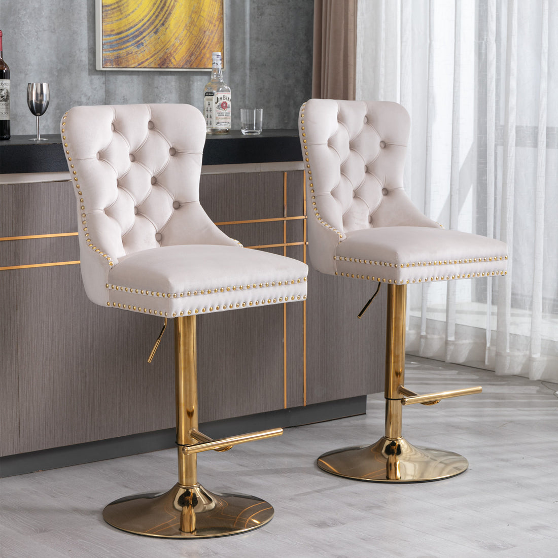 Thick Golden Swivel Velvet Barstools Adjusatble Seat Height From 27 35 Inch, Modern Upholstered Bar Stools With Backs Comfortable Tufted For Home Pub And Kitchen Island Beige,Set Of 2 Beige Dining Room American Design Bar Stools Rubberwood Set Of 2 Foam