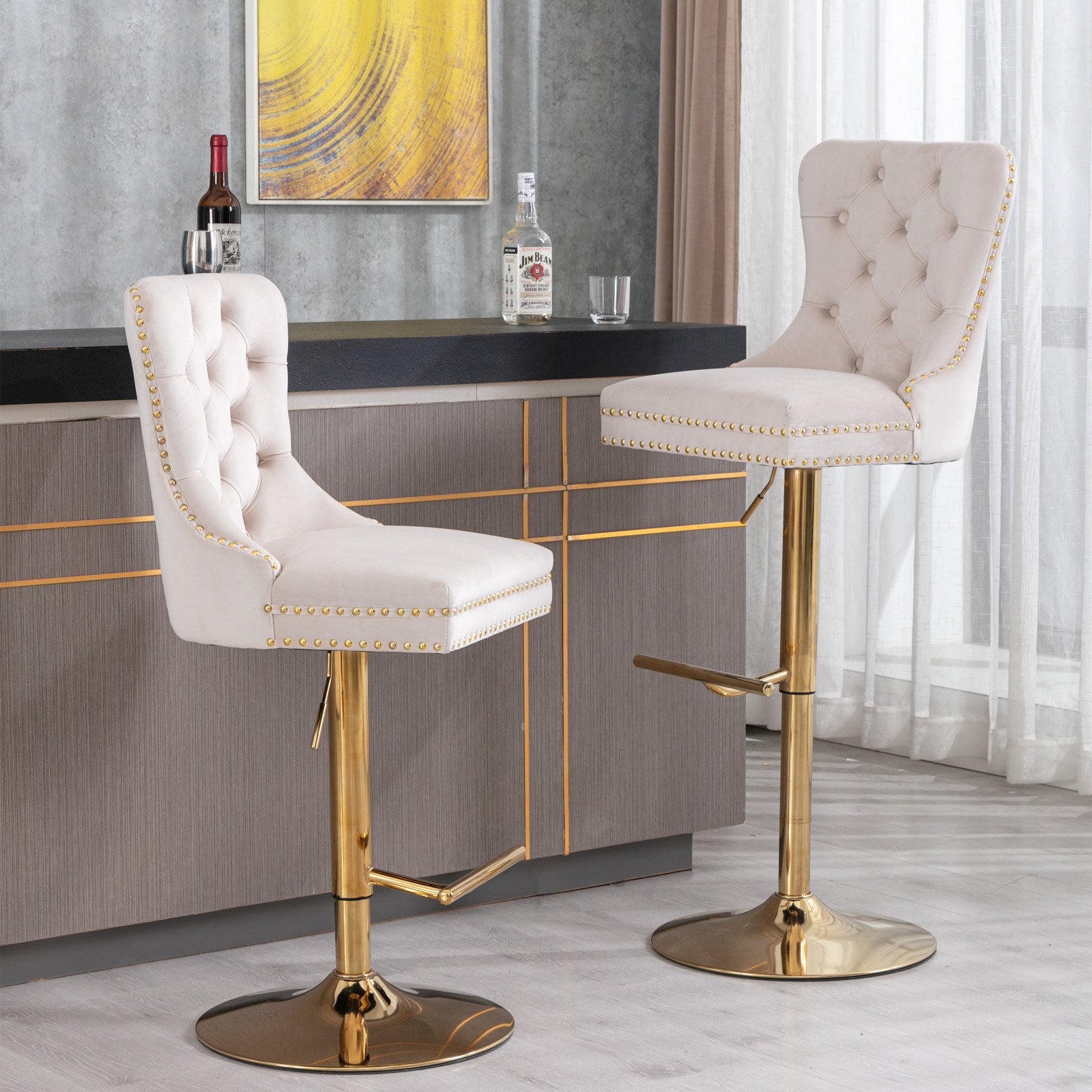 Thick Golden Swivel Velvet Barstools Adjusatble Seat Height From 27 35 Inch, Modern Upholstered Bar Stools With Backs Comfortable Tufted For Home Pub And Kitchen Island Beige,Set Of 2 Beige Dining Room American Design Bar Stools Rubberwood Set Of 2 Foam