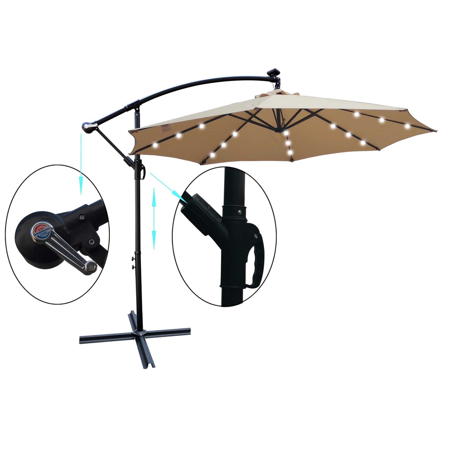 Tan 10 ft Outdoor Patio Umbrella Solar Powered Led Lighted Sun Shade Market Waterproof 8 Ribs Umbrella With Crank And Cross Base For Garden Deck Tan 10 ft Outdoor Patio Umbrella Solar Powered Led Lighted Sun Shade Market Waterproof 8 Ribs Umbrella With Crank And Cross Base For Garden Deck