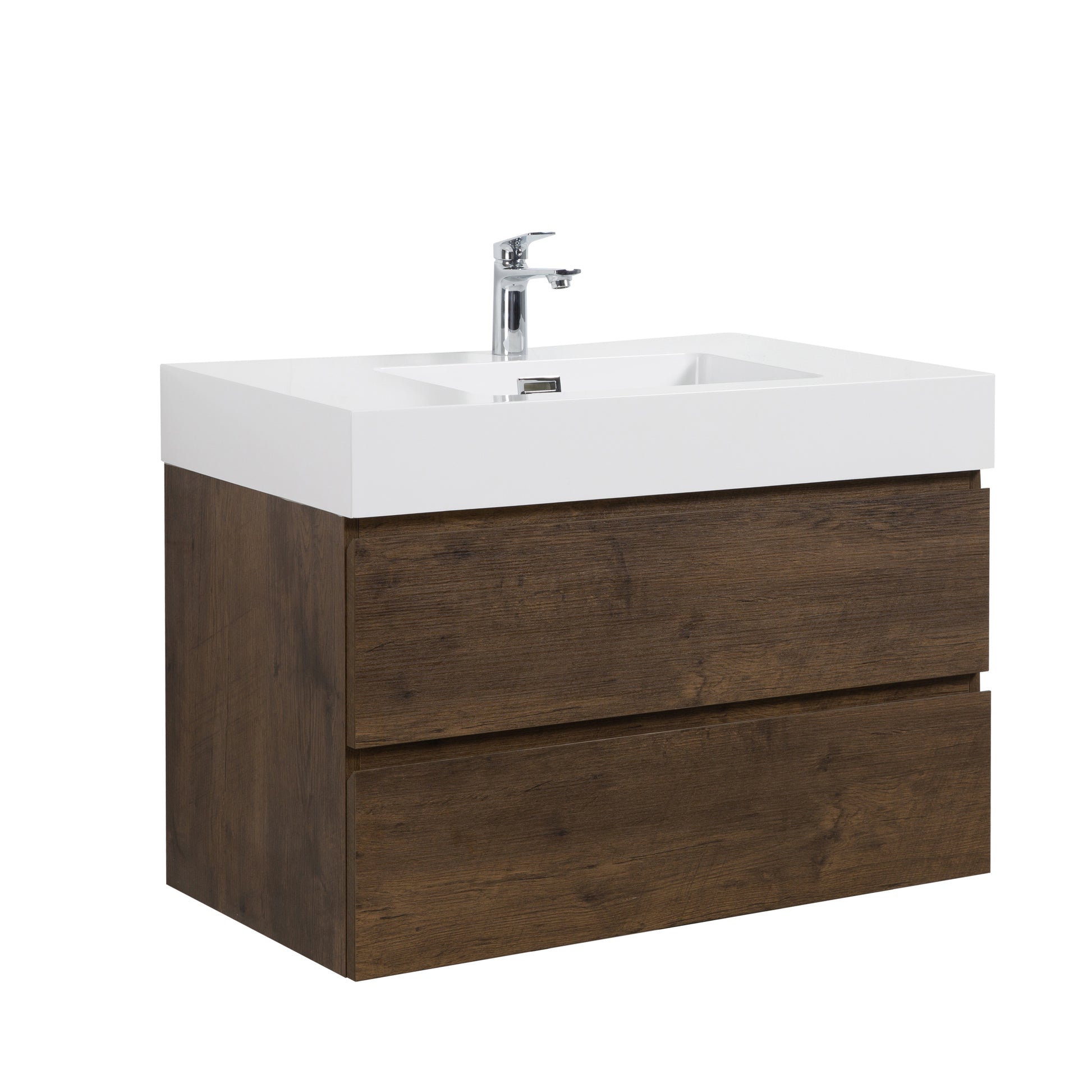 Alice 36" Walnut Bathroom Vanity With Sink, Large Storage Wall Mounted Floating Bathroom Vanity For Modern Bathroom, One Piece White Sink Basin Without Drain And Faucet, Pre Assembled White Walnut Melamine