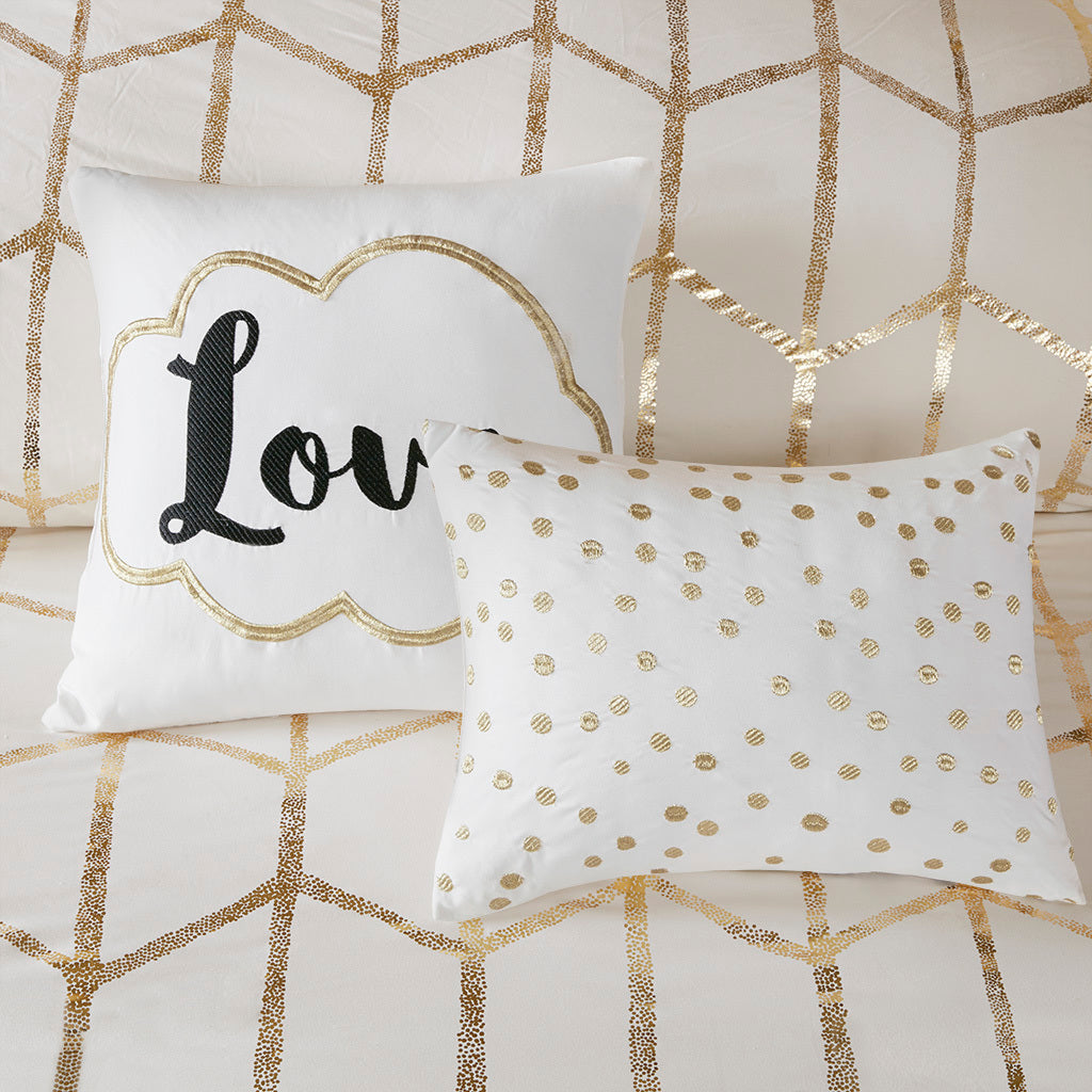 Metallic Printed Duvet Cover Set Full Ivory Gold Polyester